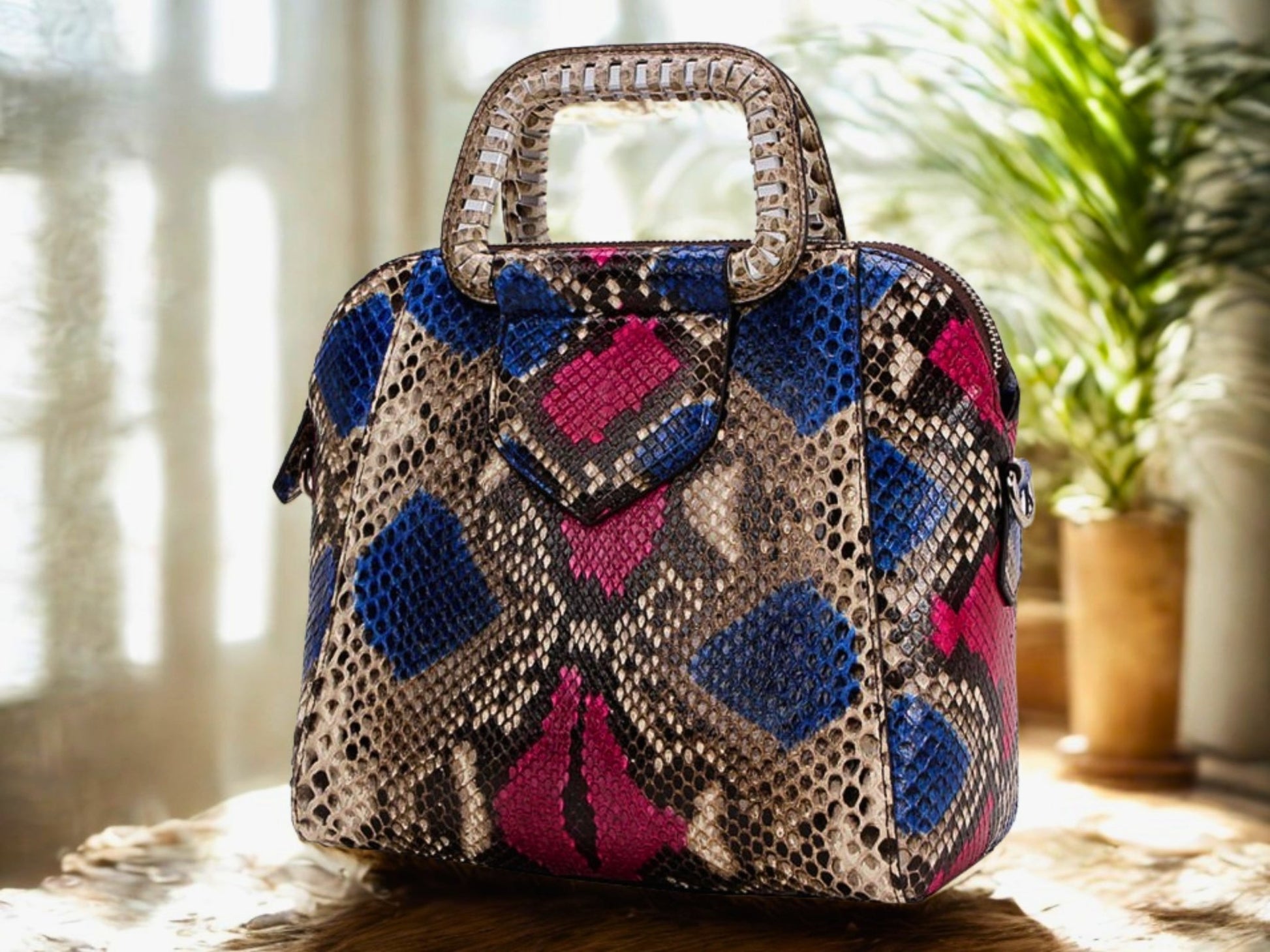 Top Handle Snakeskin Bag  on backside view