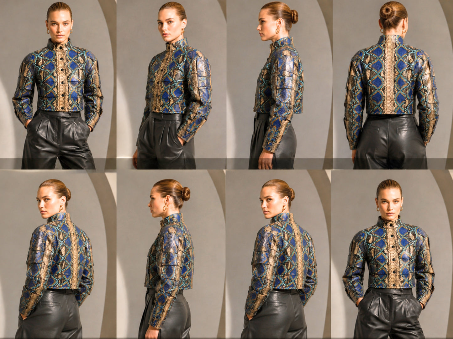 A model is shown in eight views (front, three-quarter, side, and back) wearing a cropped, high-neck long-sleeve jacket with a blue and gold geometric pattern, paired with black leather pants, set against a gray studio background with arches.
