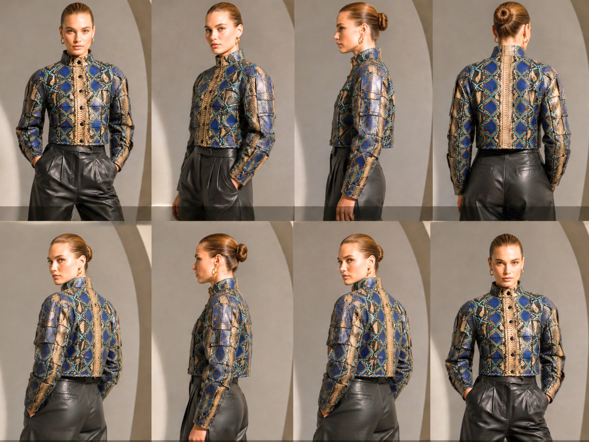 A model is shown in eight views (front, three-quarter, side, and back) wearing a cropped, high-neck long-sleeve jacket with a blue and gold geometric pattern, paired with black leather pants, set against a gray studio background with arches.
