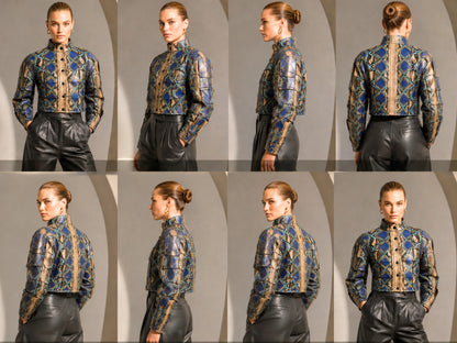 A model is shown in eight views (front, three-quarter, side, and back) wearing a cropped, high-neck long-sleeve jacket with a blue and gold geometric pattern, paired with black leather pants, set against a gray studio background with arches.
