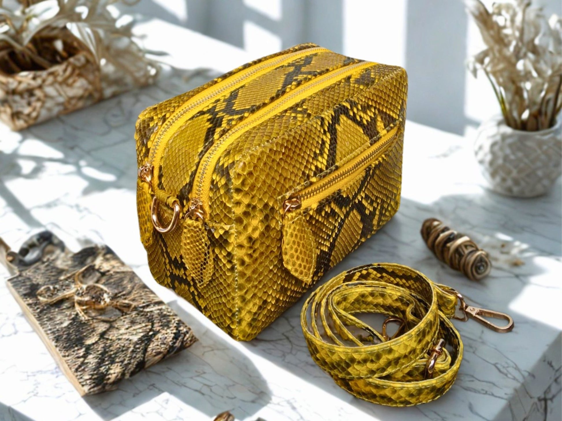 Yellow Snakeskin Sling Leather Bag with Double Zip Organizer Compartment