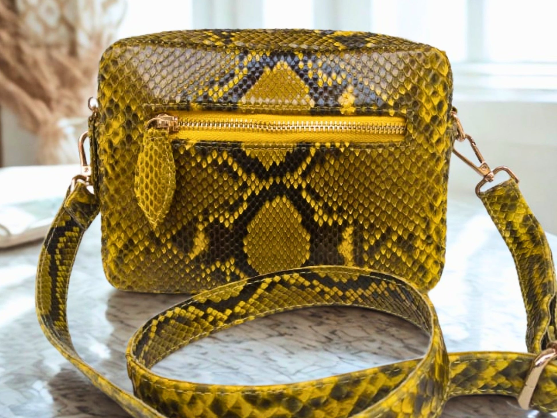 Yellow Snakeskin Sling Leather Bag with Double Zip Organizer Compartment - 1