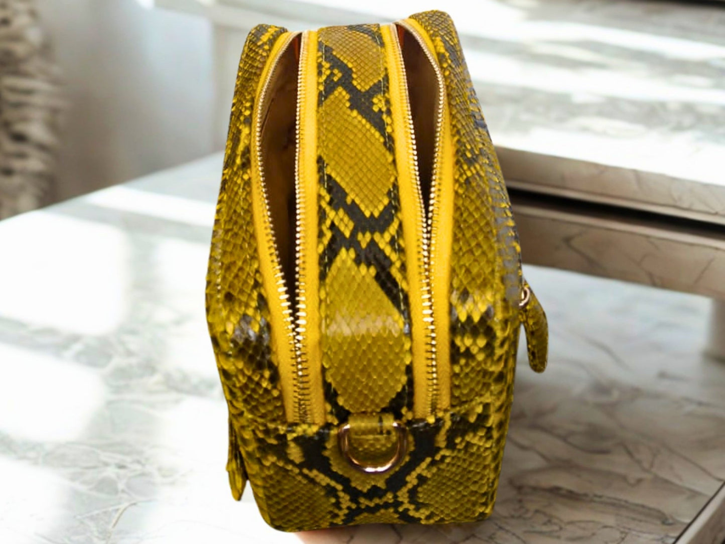 Yellow Snakeskin Sling Leather Bag with Double Zip Organizer Compartment - 2