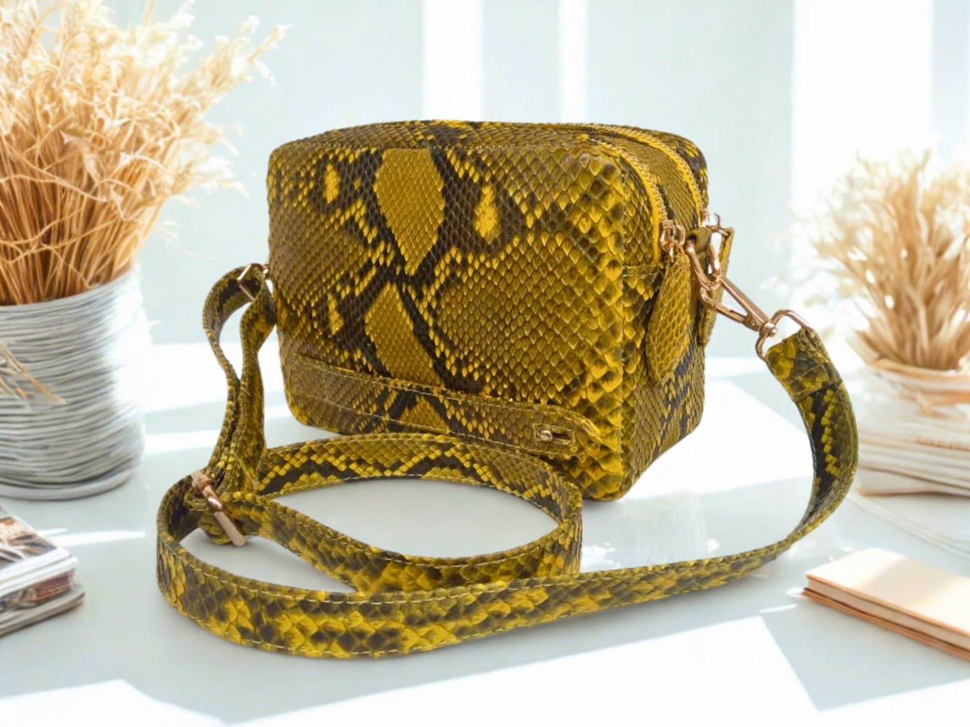 Yellow Snakeskin Sling Leather Bag with Double Zip Organizer Compartment - 5