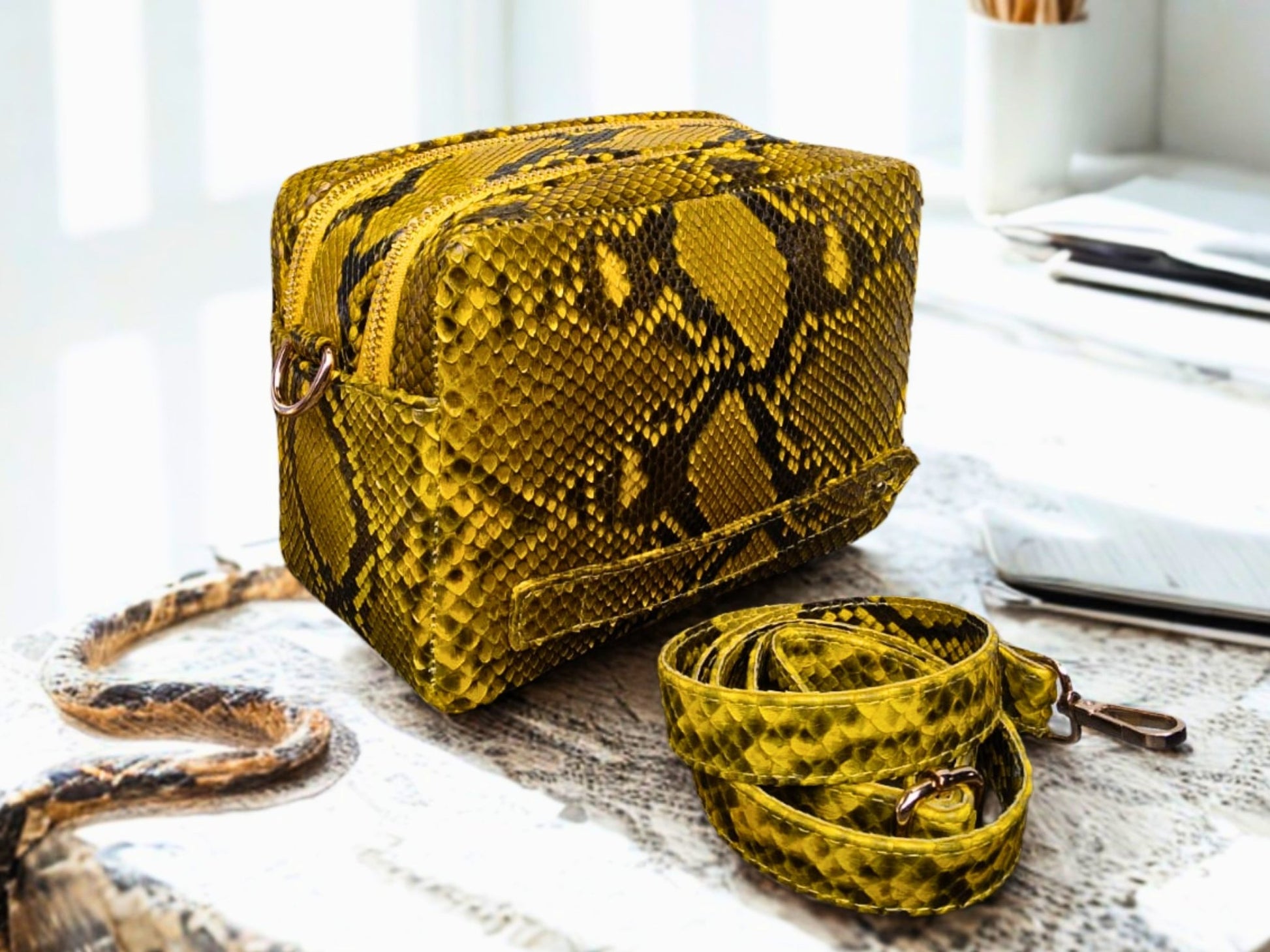 Yellow Snakeskin Sling Leather Bag with Double Zip Organizer Compartment - 4