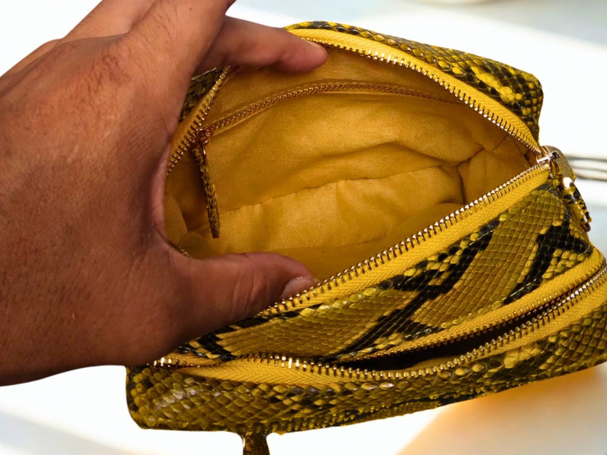 Yellow Snakeskin Sling Leather Bag with Double Zip Organizer Compartment - 3